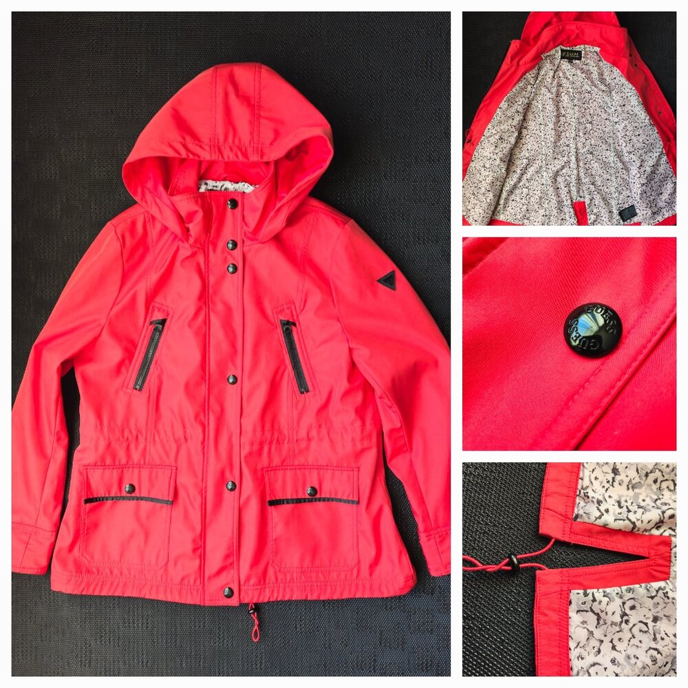 Guess Los Angeles Womens XL red windbreaker adjustable rain jacket full zip hood